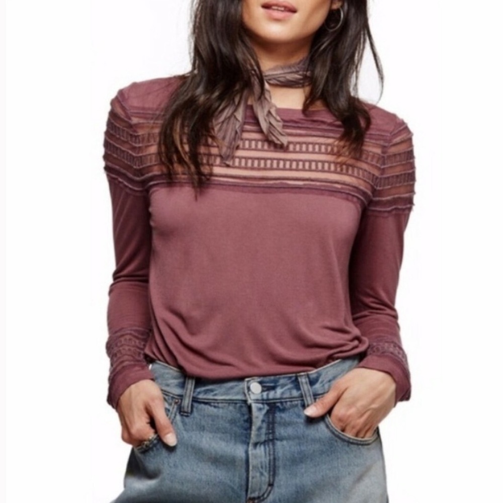 Free People Mauve Sheer Stripe Mesh Panel Long Sleeve Boho Top Women’s Small